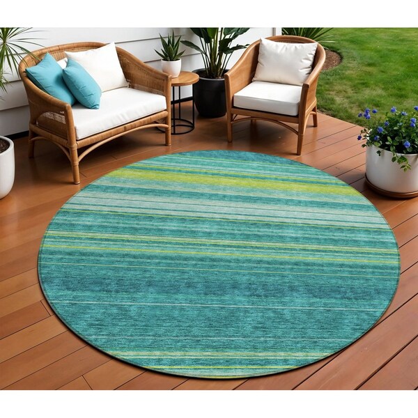 Homeroots 8' Teal Blue Lime Green And Turquoise Round Striped Washable Indoor Outdoor Area Rug 614841 - main