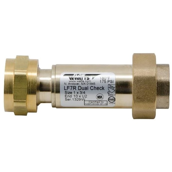 Watts Check Valve, 34 in, Union FNPT x FNPT, 10 to 175 psi Pressure, Brass Body 3/4X3/4 LF7RU2-2 - main