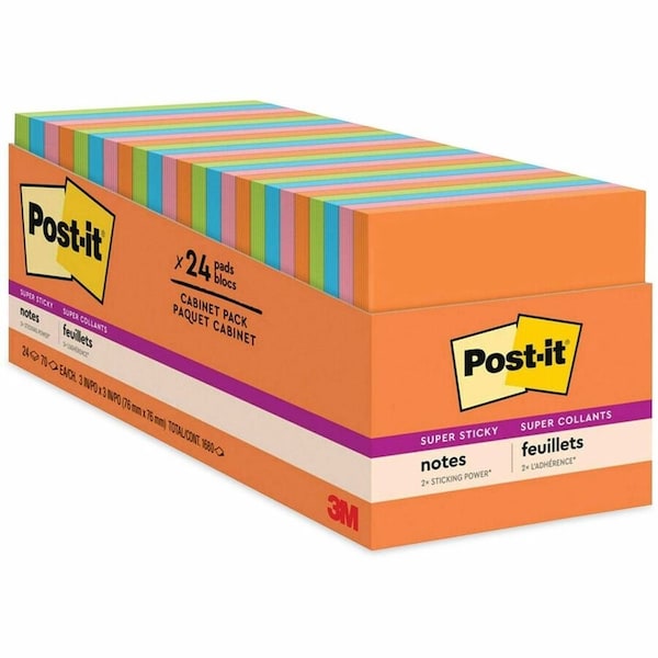 Post-It Pads in Energy Boost Collection Colors, Cabinet Pack, 3" x 3", 70 Sheets/Pad, PK24 65424SSAUCP - main