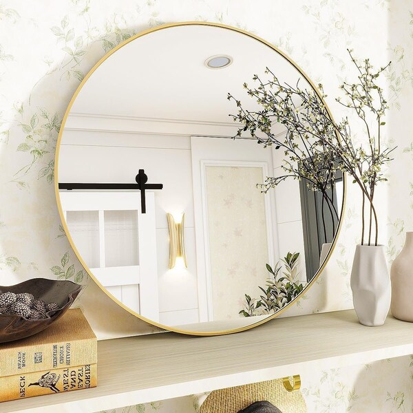 Simple Deluxe Gold 24 Inch Round Mirror, Bathroom Mirrors for Over Sink, Round Wall Mirror Metal Frame, Circle Mi 3A88MIROY24GLD01 - main