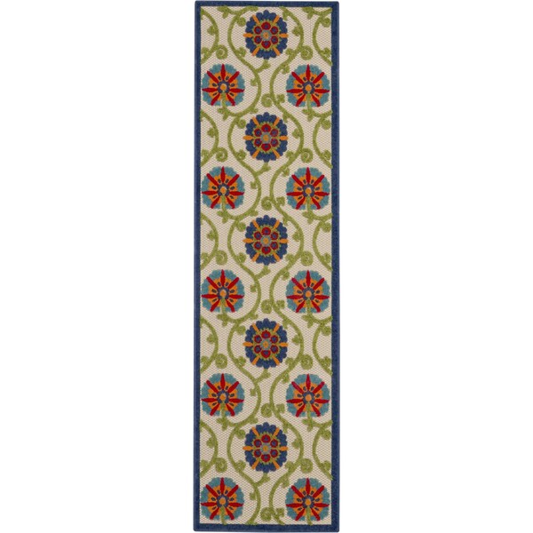 Homeroots 10' Navy Blue Beige Green Blue And Red Floral Indoor Outdoor Runner Rug 546781 - main
