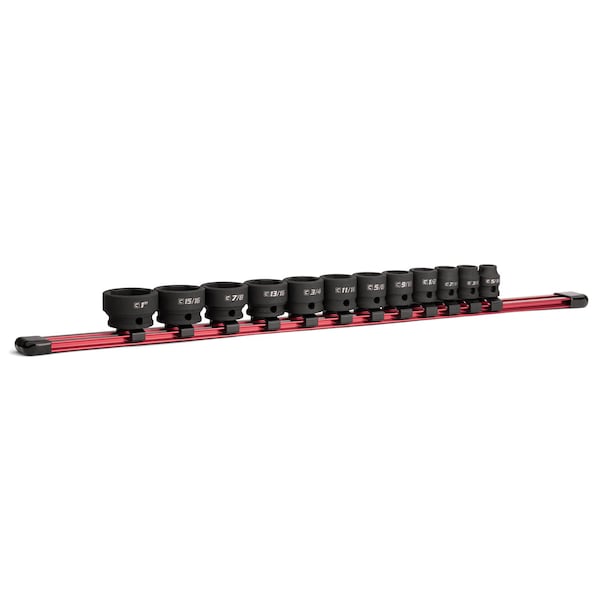Capri Tools 3/8 in. Drive Stubby Impact Socket Set, SAE, 5/16 to 1 in., 12-Piece with Red Aluminum Socket Rail CP53450RRD - main