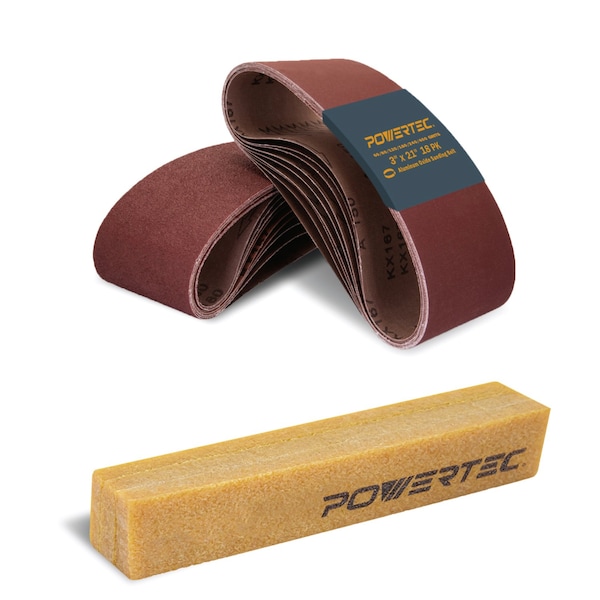 Powertec Sanding Belt Assortment, 3in W, 21in L, 3EA of 60/80/120/180/240/400 Grit & Abrasive Cleaning Stick 110437N - main