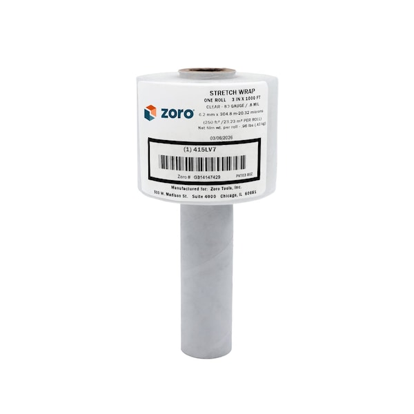 Zoro Hand Stretch Wrap, 3 in W x 1,000 ft L, 80 ga, Clear, 1 Roll PVT03 80Z - main