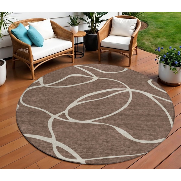 Homeroots 8' Brown And Beige Round Abstract Washable Indoor Outdoor Area Rug 597465 - main