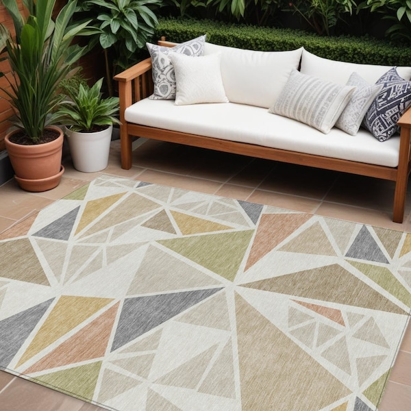 Homeroots 9' X 12' Ivory Brown And Green Geometric Washable Indoor Outdoor Area Rug 600376 - main