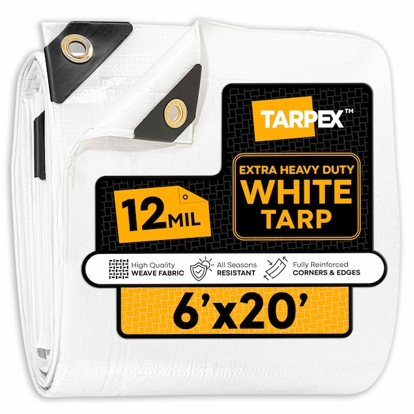 Tarpex Extra Heavy Duty Tarp, 6 ft x 20 ft, 12 Mil, White, Polyethylene WHD-TA-620 - main