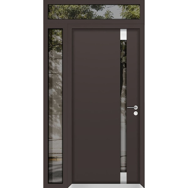 Vdomdoors Aluminum Door Cynex 6777 Brown Entry Steel Metal Modern Painted W32+14xH80+12 Right Inswing CYNEX6777EXD-BRW-W32+14xH80+12-RH-I - main