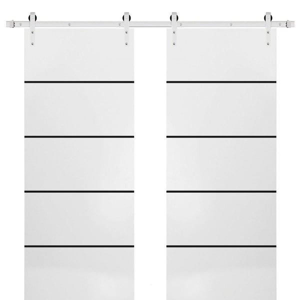 Sartodoors Sturdy Double Barn Door with Hardware, Planum 0015 White Silk and Aluminum Strips, 13FT Rail Hanger PLANUM0015DB-S-WS-64 x 84 (2* 32x84) - main