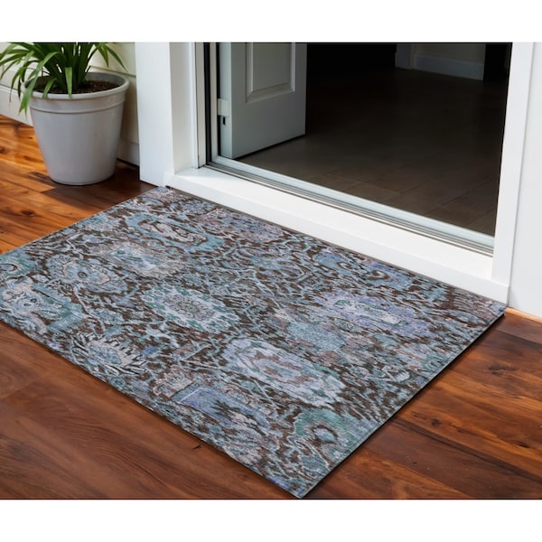 Homeroots 3' X 5' Chocolate And Aqua Damask Washable Indoor Outdoor Area Rug 603731 - main
