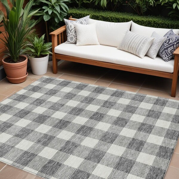 Homeroots 9' X 12' Gray And Charcoal Plaid Washable Indoor Outdoor Area Rug 595401 - main