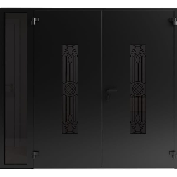 Vdomdoors Front Exterior Prehung Aluminum Double Doors Ronex1477 Black Enamel 1 Sidelight Mirrored Clear RONEX1477DEXD-BLK-W72+12xH96-RH-O - main