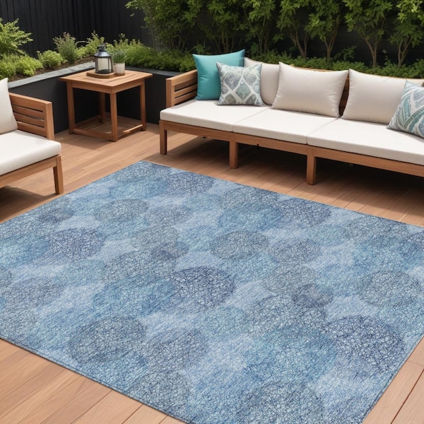 Homeroots 10' X 14' Denim Blue Navy Blue And Ivory Polka Dot Washable Indoor Outdoor Area Rug 614664 - main