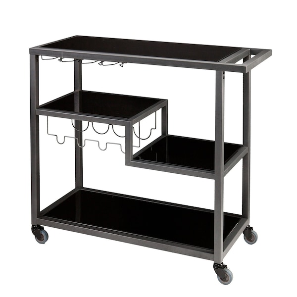 Homeroots Black and Gray Glass Rolling Bar Cart With Wine Storage 402577 - main