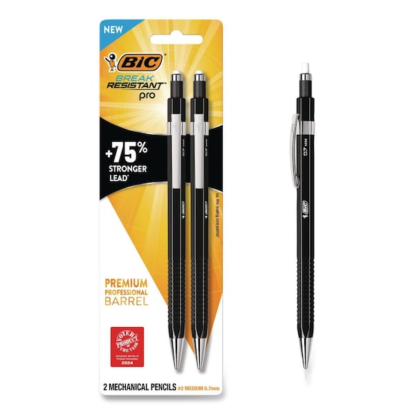 Bic Break Resistant Pro Mechanical Pencils, 0.7 mm, HB (#2), Black Lead, Black Barrel, 2PK MVR7P2-BLK - main