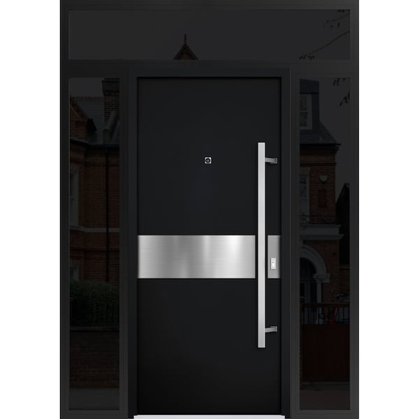 Vdomdoors Steel Door Deux 6072 Black Enamel 2 Sidelight and Transom Window Sidelite Entry Door Painted W14+36 DEUX6072EXD-BLK-W14+36+14 x H80+16-LH-I - main