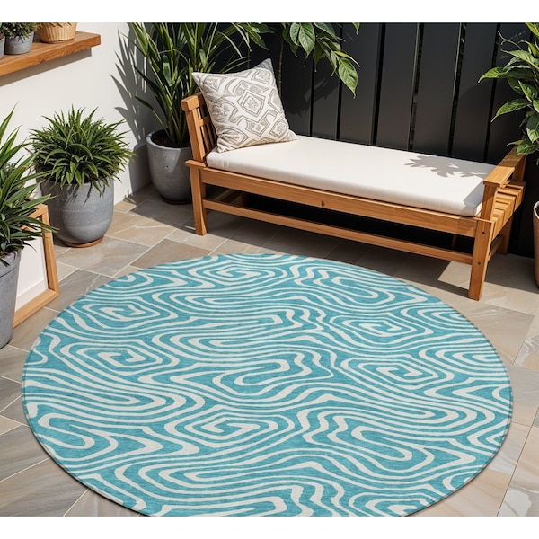 Homeroots 8' Teal Blue And Ivory Round Abstract Washable Indoor Outdoor Area Rug 599018 - main