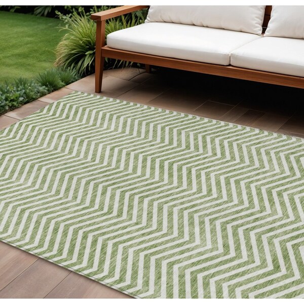 Homeroots 9' X 12' Green And Ivory Chevron Washable Indoor Outdoor Area Rug 596265 - main