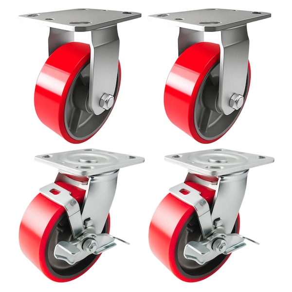 Hyw Products Heavy Duty Caster Set 5in Red Polyurethane on Cast Iron Wheels, 2 Rigid & 2 Swivel with Brake, 4PK 40-50R-A1-PC-2,40-50S-A1-PC-TB-2 (R) - main
