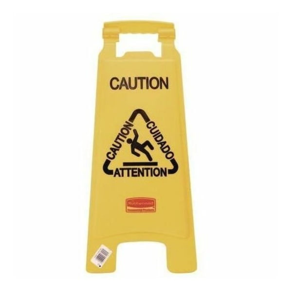 Rubbermaid Commercial Multilingual "Caution" Floor Sign, Plastic, 11x12x25, Bright Yellow FG611200YEL - main