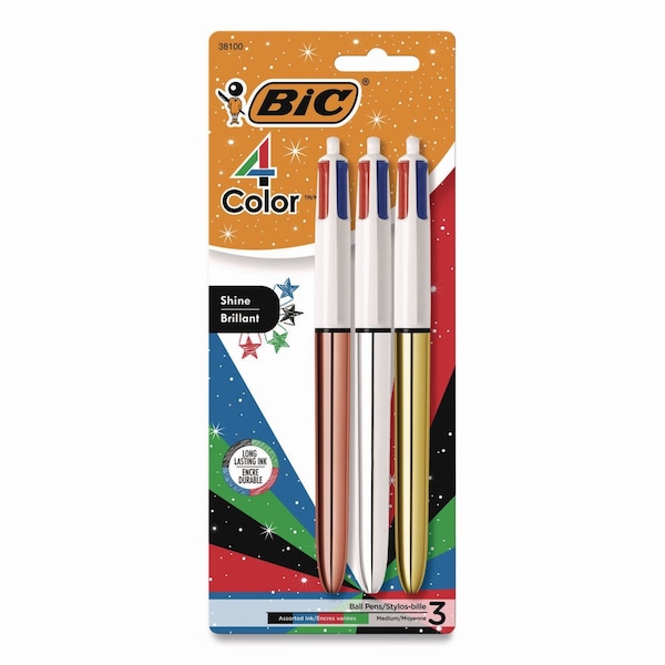 Bic Four-Color Shine Multi-Color Ballpoint Pen, Retractable, Medium 1mm, Black/Blue/Green/Red Ink, 3PK MMMTP31-AST - main