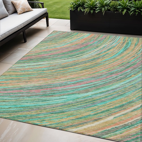 Homeroots 5' X 8' Teal Blue Pink And Peach Abstract Washable Indoor Outdoor Area Rug 631252 - main