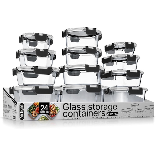 Bakkenmaster Borosilicate Glass Food Storage Containers with Lids, BPA-Free, Airtight and Leak-Proof, Black, 24PK EMPGFCL24BK - main