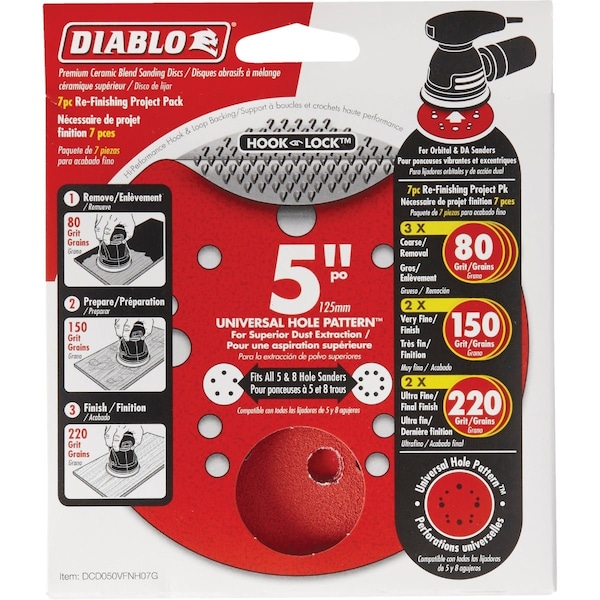 Diablo 5'' Assorted, 80/150/220-Grit Universal Hole Pattern Vented Sanding Disc W/ Hook & Lock Backing, 7PK DCD050VFNH07G - main