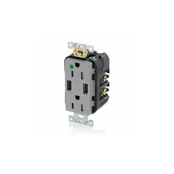Leviton USB Receptacle, 15 A, 1/2 hp, Gray, PBT T5632-HGG - main