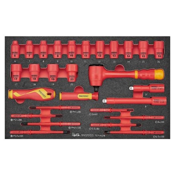 Teng Tools 28 Piece 1000 Volt Insulated 3/8 Inch Drive 6 Point Shallow Socket, Extension Bar TEFXV28 - main