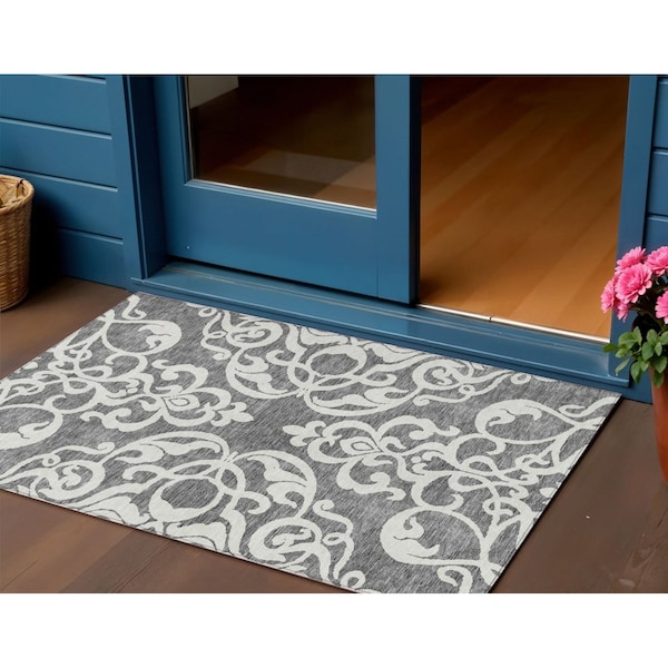 Homeroots 3' X 5' Gray And Ivory Damask Washable Indoor Outdoor Area Rug 614431 - main