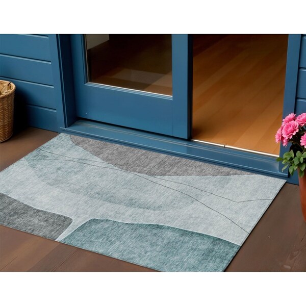 Homeroots 3' X 5' Teal Blue Aqua And Gray Abstract Washable Indoor Outdoor Area Rug 582032 - main