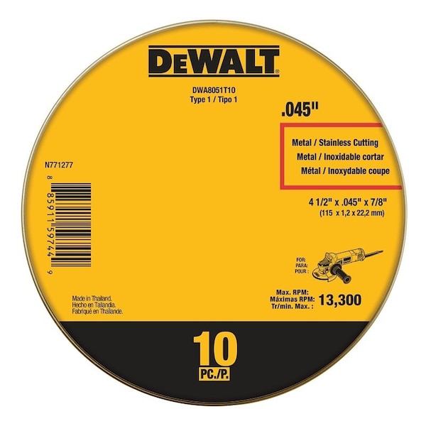 Dewalt Cut-Off Wheel, 4-1/2 in Dia, 0.045 in Thick, 7/8 in Arbor, Aluminum Oxide Abrasive DWA8051T10 - main