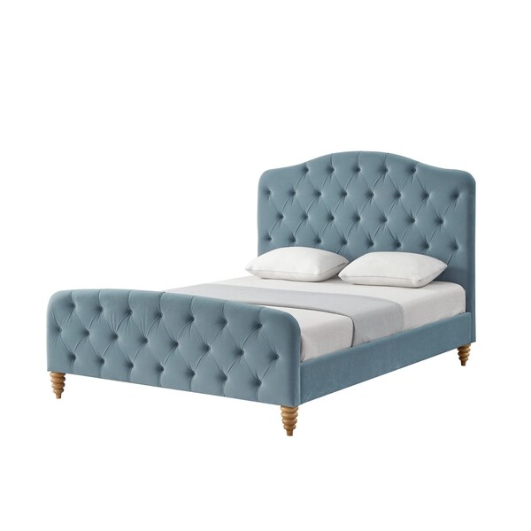 Homeroots Light Blue Solid Wood Queen Tufted Upholstered Velvet Bed 544895 - main