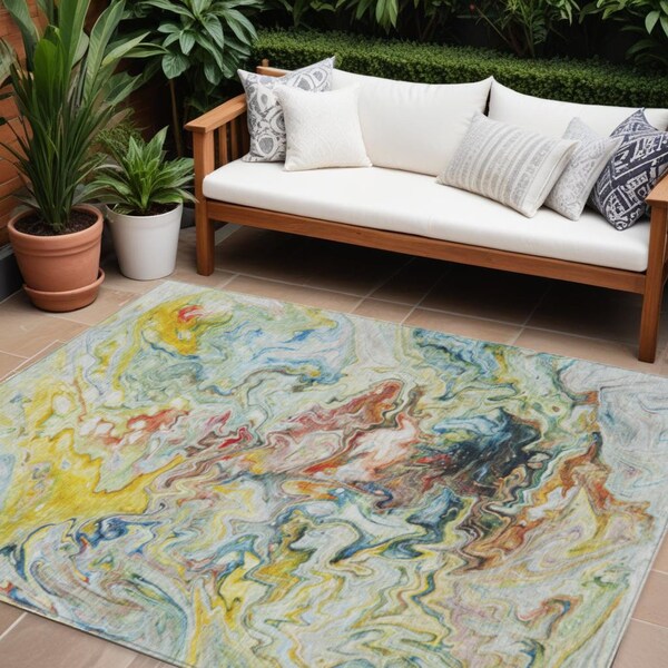 Homeroots 8' X 10' Ivory Blue And Yellow Abstract Washable Indoor Outdoor Area Rug 577965 - main