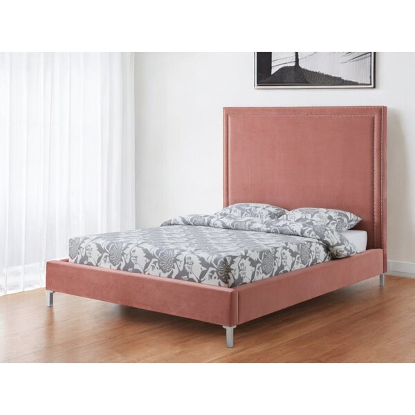 Homeroots Blush Solid Wood Queen Upholstered Velvet Bed with Nailhead Trim 544786 - main