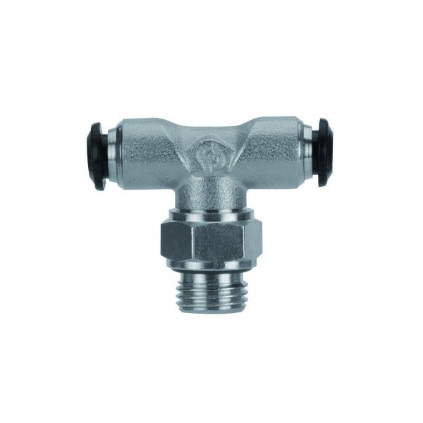 Usa Industrials Push to Connect Tube Fitting, Nickel Plated Brass w/ Plastic Release Ring, Male Branch Tee ZUSA-TF-PTC-NPBR-162 - main