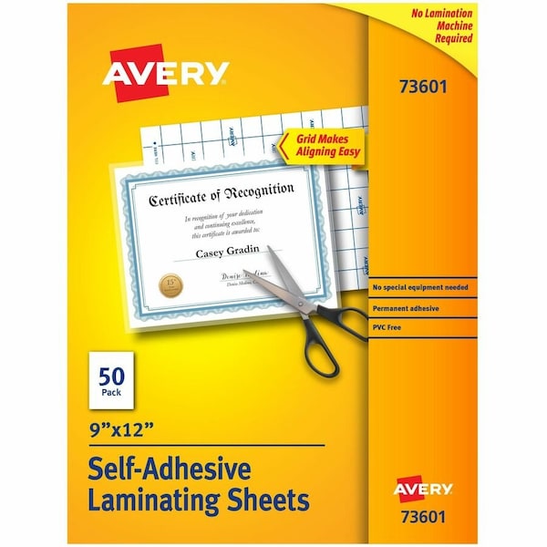 Avery Dennison Avery Clear Self-Adhesive Laminating Sheets, 3 mil, 9 x 12, 50/Box 73601 - main