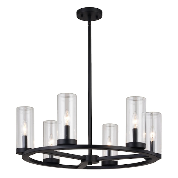 Vaxcel Grantley 6 Light Matte Black Wheel Chandelier Fixture Clear Glass Shade, LED Compatible, Damp Rated H0290 - main