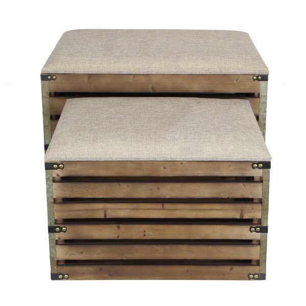 Homeroots Set of Two Brown Wood Slat and Upholstery Storage Benches With Flip Top 379835 - main