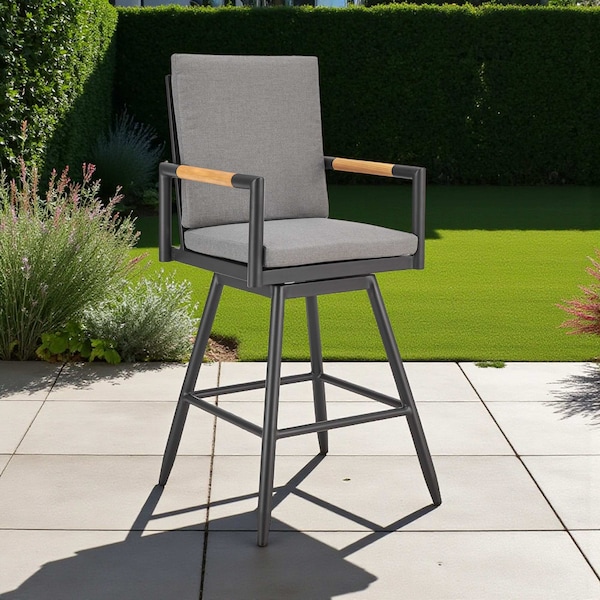 Homeroots 48" Dark Gray Metal Swivel Outdoor Bar Height chair with Footrest 571178 - main