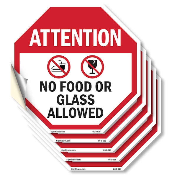 Signmission Attention No Food or Glass Allowed, 4 inch X 4 inch, Vinyl Decal, 5PK OC-D-5PACK-4-19 - main