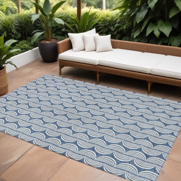 Homeroots 9' X 12' Denim Blue And Ivory Ogee Washable Indoor Outdoor Area Rug 601552 - main