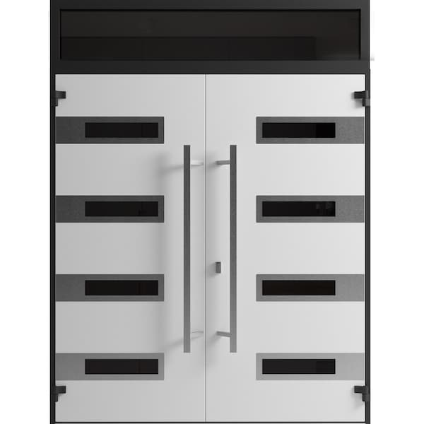 Vdomdoors Front Exterior Prehung Aluminum Double Doors Ronex0131 Black Enamel Top Transom Mirrored Clear RONEX0131DEXD-BLK-W72xH80+16-RH-I - main