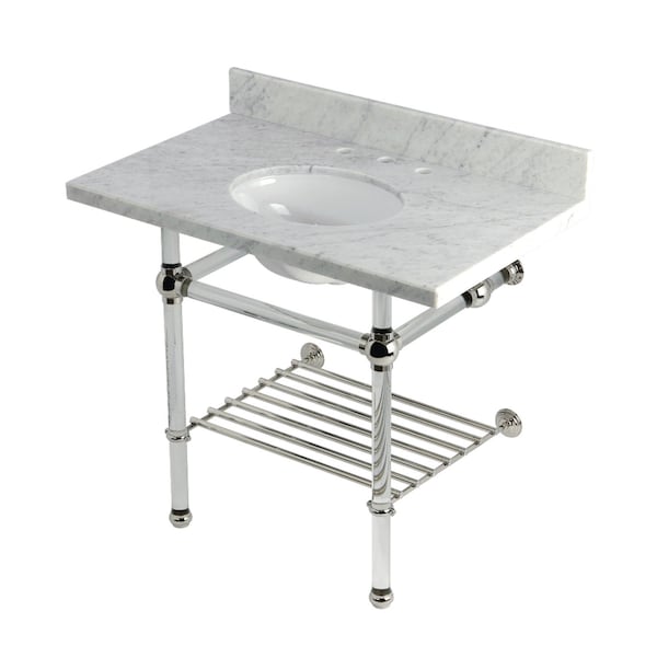 Kingston Brass 36-Inch Carrara Marble Console Sink with Acrylic Legs and Shelf, 8-Inch, 3-Hole KVPB3630MAB6 - main
