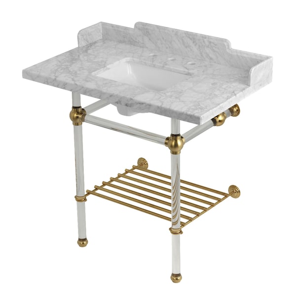 Kingston Brass 36-Inch Carrara Marble Console Sink with Acrylic Legs and Shelf, 8-Inch, 3-Hole LMS36MASQB7 - main