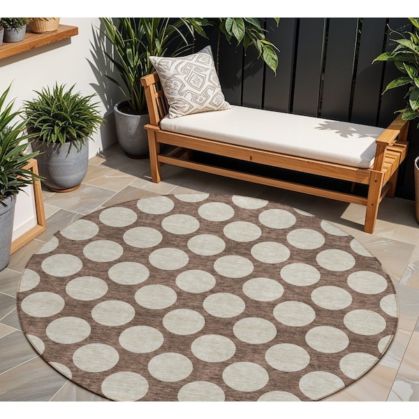 Homeroots 8' Brown And Beige Round Polka Dot Washable Indoor Outdoor Area Rug 595213 - main