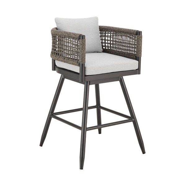 Armen Living Alegria Outdoor Patio Swivel Bar Stool in Aluminum with Gray Rope and Light Gray Cushions LCAFSWBABL30 - main