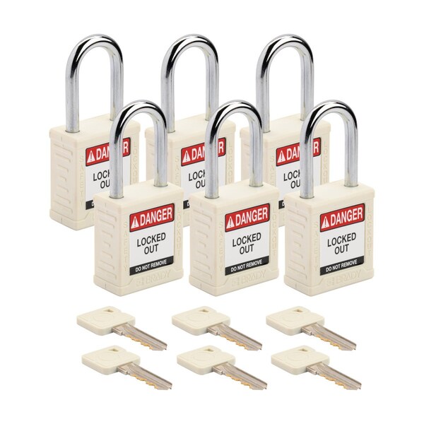 Brady Velocity Lockout Padlocks Nylon 1.5in Shackle Clearance KA White 6PK SDPL-WHT-38ST-KA6 - main