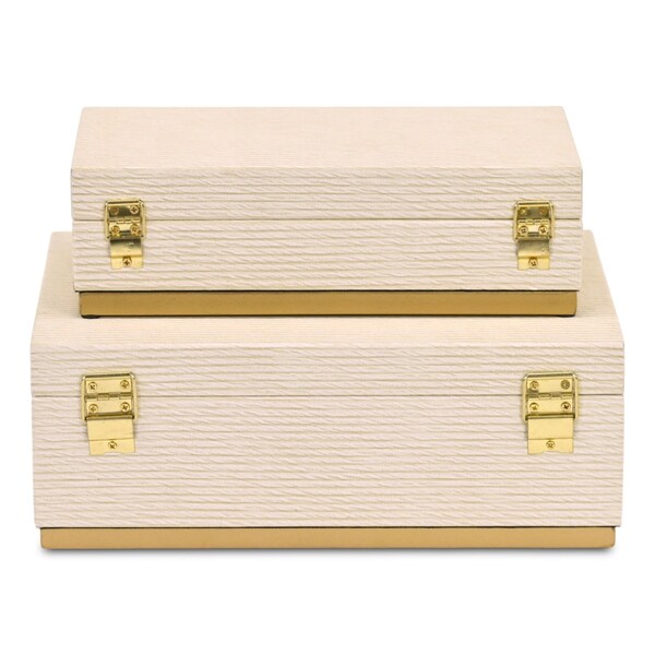 Homeroots Set of Two Cream And Gold Striped Nesting Storage Boxes With Lids, 2PK 712926 - main